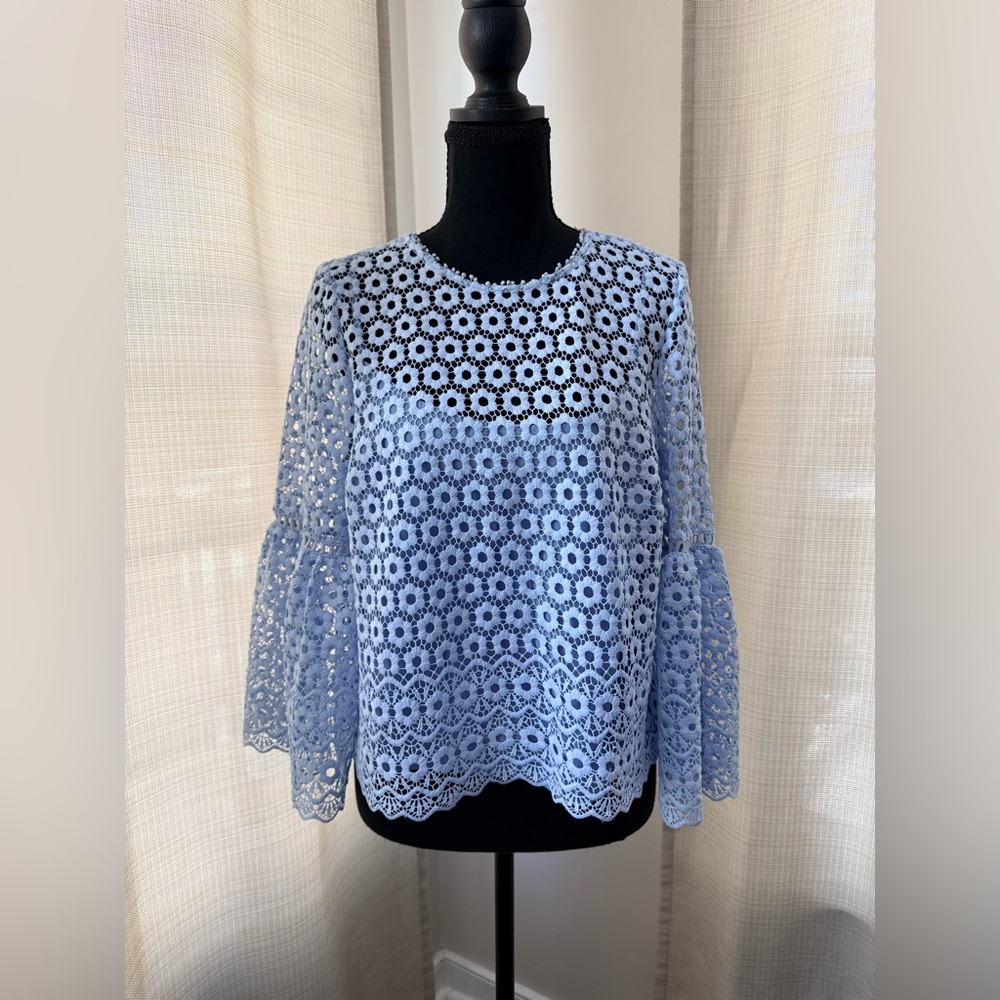 J.Crew Light Blue Daisy Lace 3/4 Bell-sleeve Top Sz 4 Boho Chic Coquette Classic